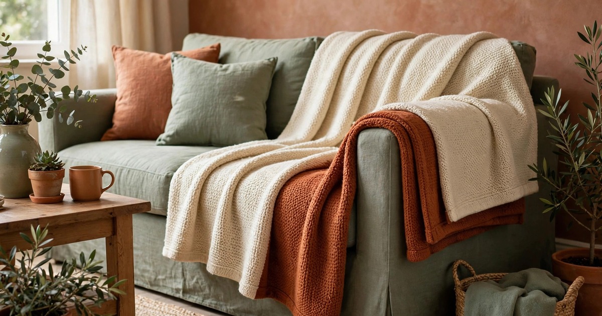 A reversible two-tone throw blanket in cream and rust folded over a sofa