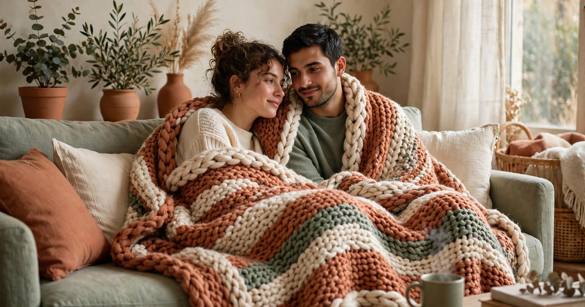 An oversized throw blanket shared by two people on a sofa