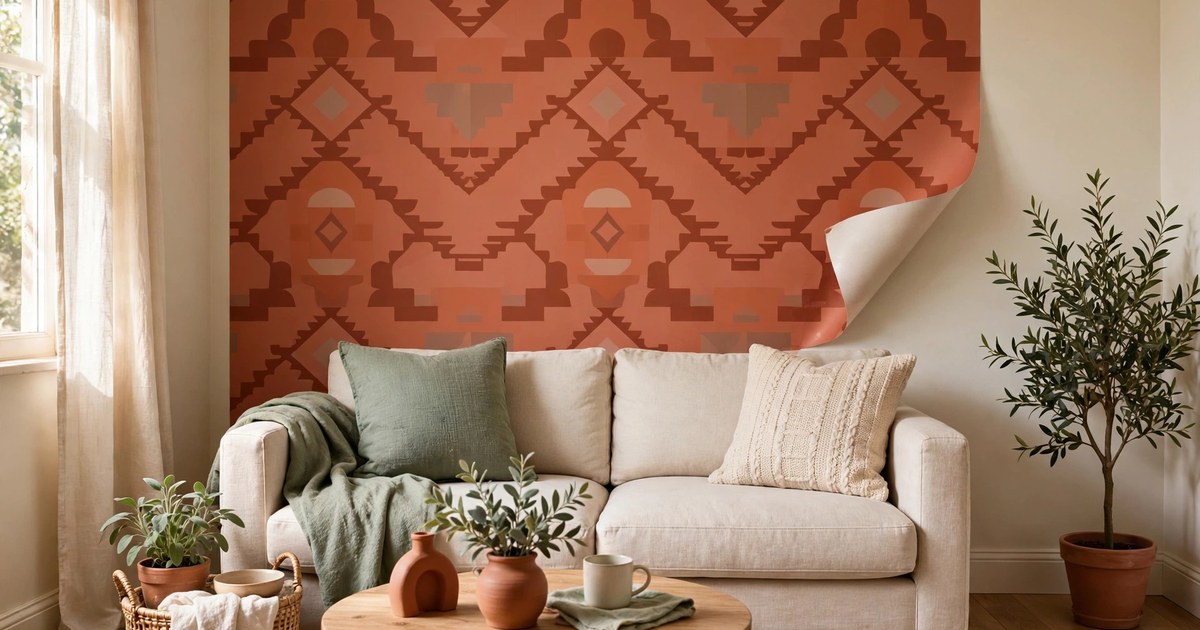 Small living room with one bold terracotta peel-and-stick wallpaper accent wall