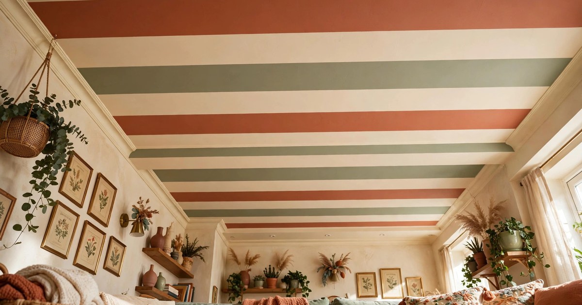 Cosy living room with a striped ceiling in warm colours