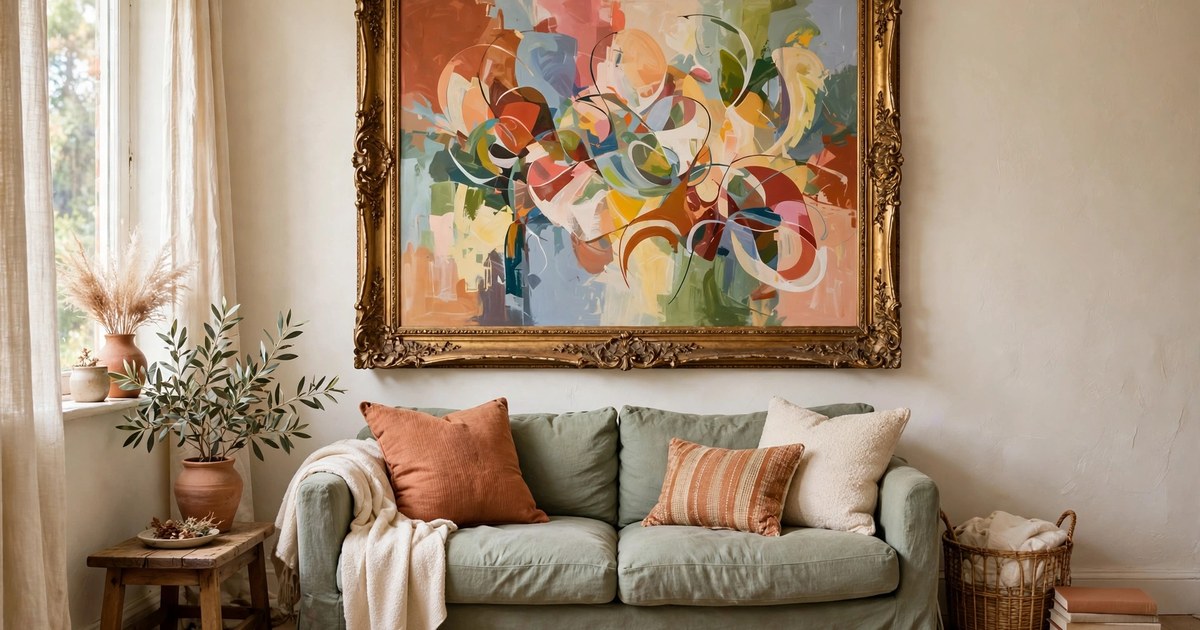Oversized colourful abstract painting in a thrifted gold frame above a sofa