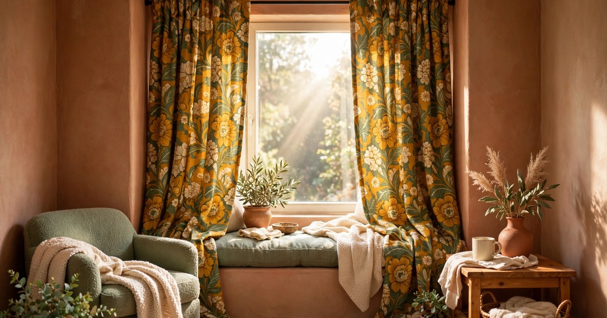Colourful curtains on a tension rod in a small living room window