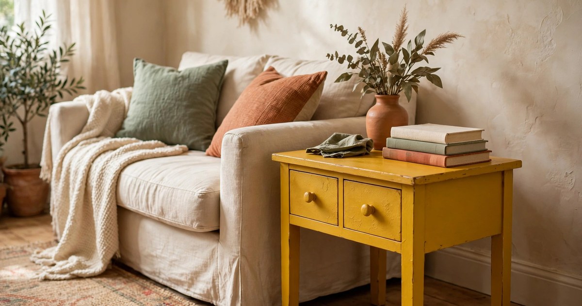 Chalk-painted colourful thrifted side table next to a sofa