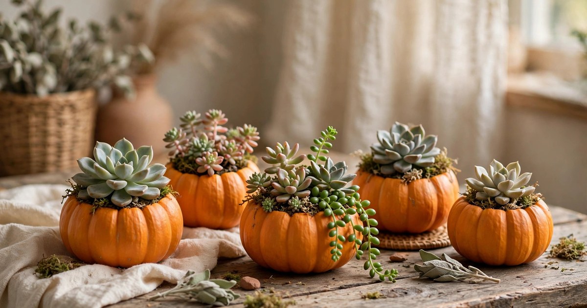 Small succulents planted in hollowed mini pumpkins on a wooden table