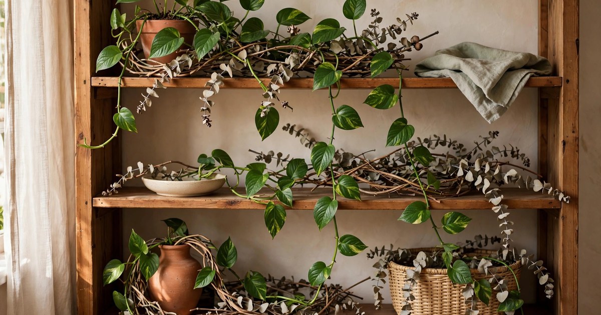 Dried eucalyptus stems woven through a trailing pothos on a bookshelf