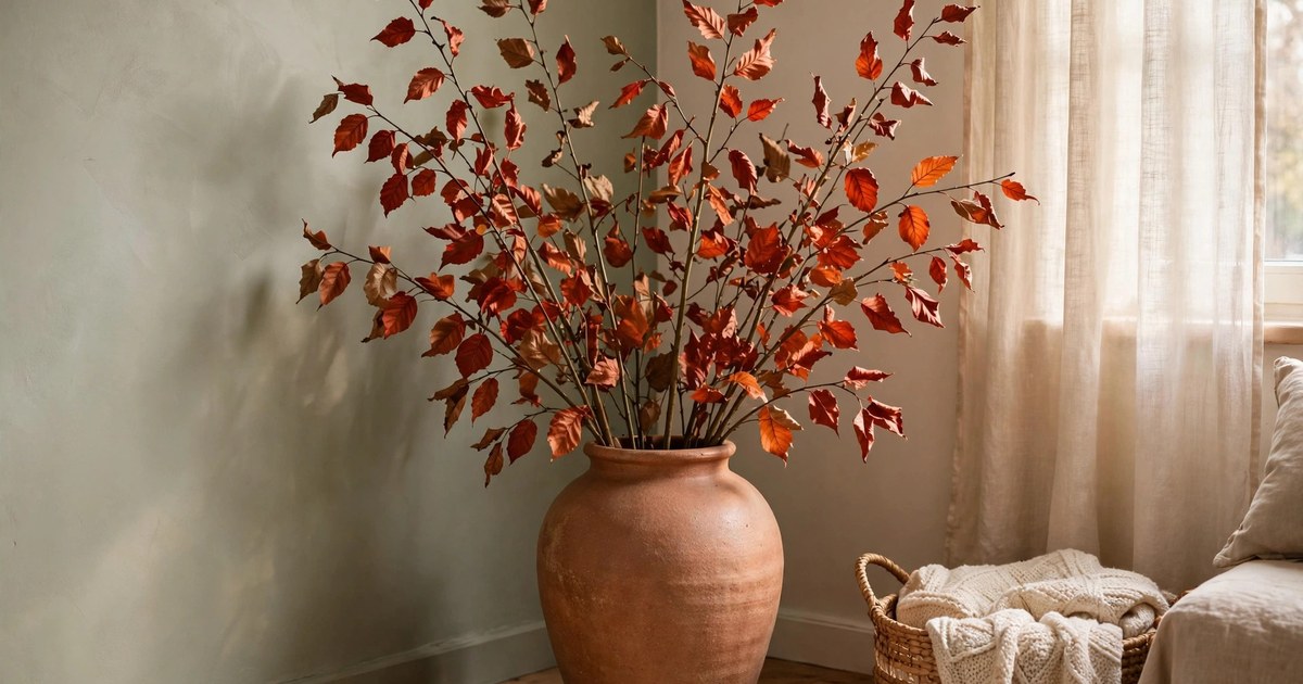 Tall foraged autumn branches with turning leaves in a ceramic floor vase