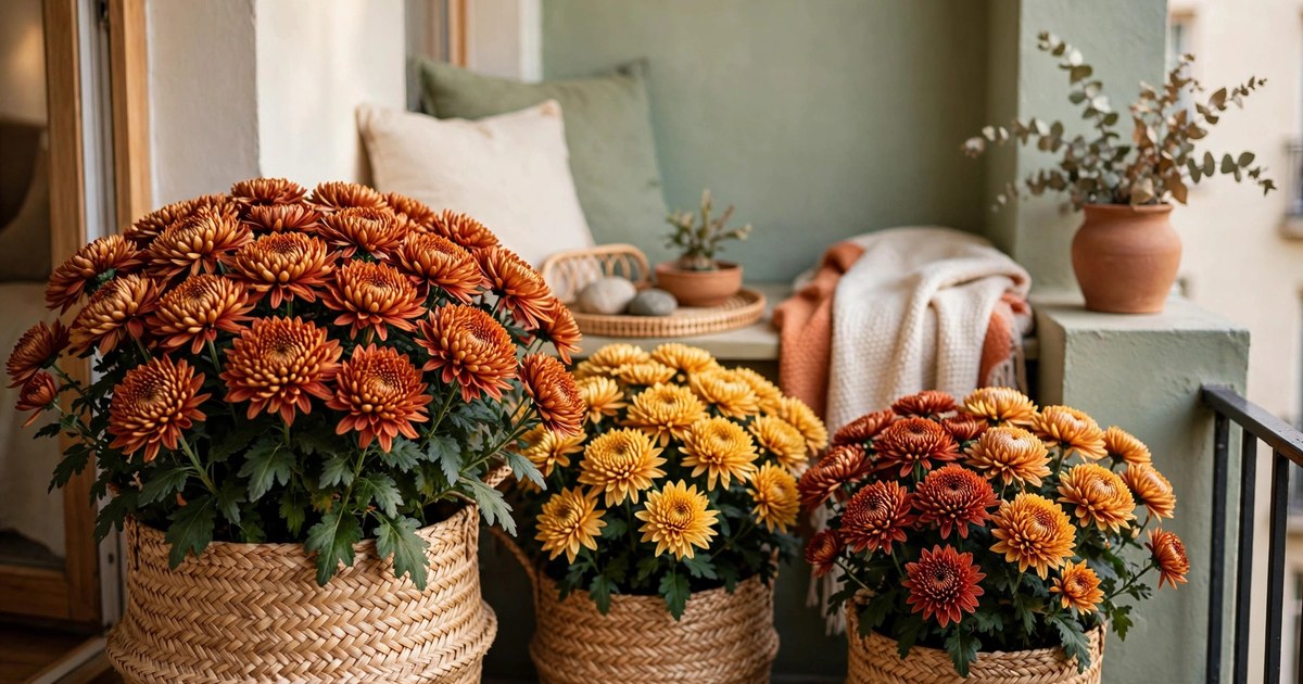 Chrysanthemums in woven basket planters on an apartment balcony