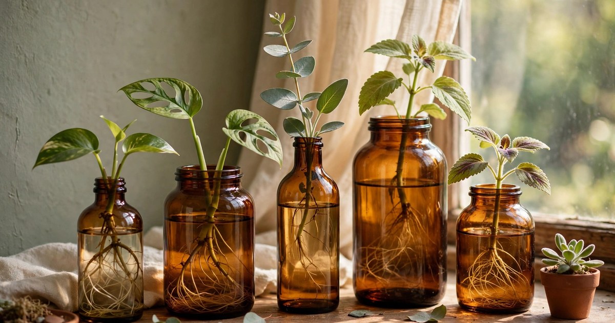 Plant cuttings propagating in amber glass vases on a sunny windowsill