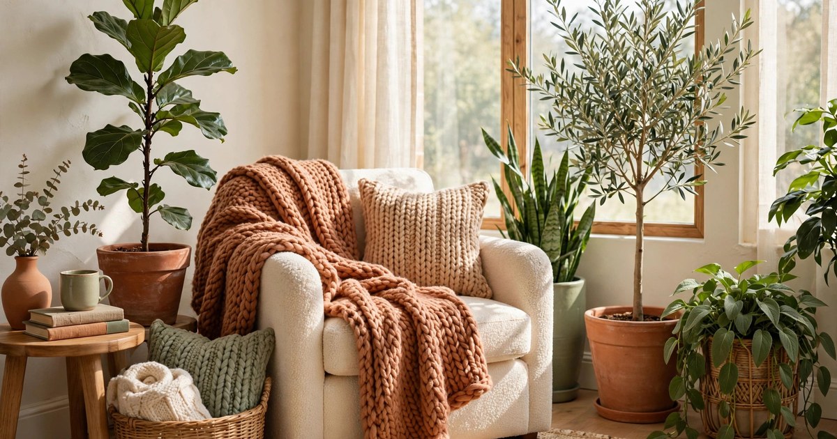 Cozy reading corner with a chair, knit throw, and surrounding houseplants