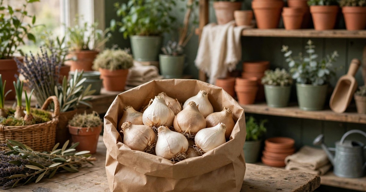 Firm healthy paperwhite bulbs in a paper bag at a garden centre