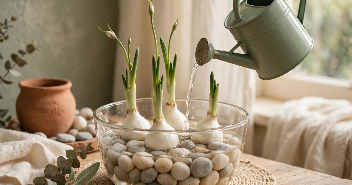 Watering paperwhite bulbs in pebbles, keeping water level below the bulb bases