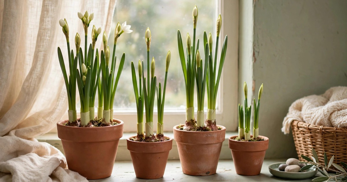 Paperwhite shoots emerging and growing tall in bright indirect light on a windowsill