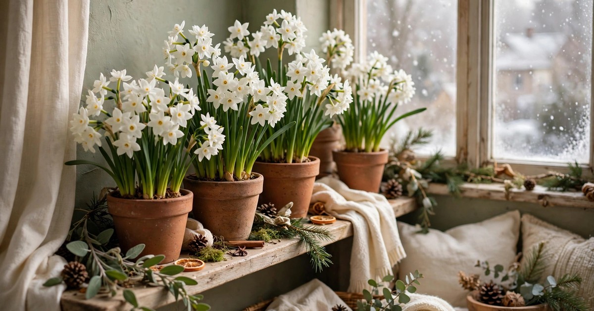 Paperwhite bulbs in full white bloom on a windowsill at Christmas