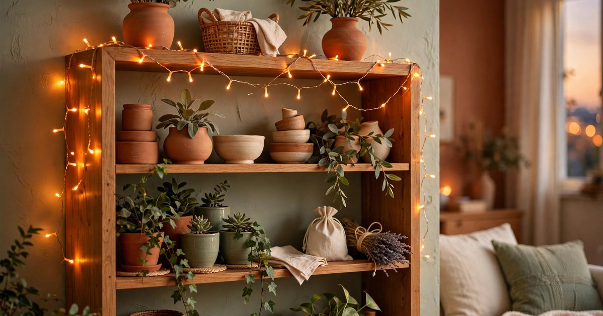 Orange fairy string lights draped over a bookshelf in a cozy apartment