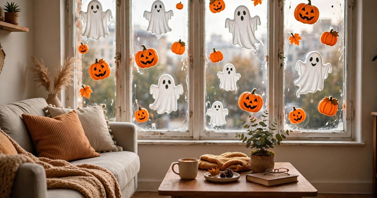 Halloween window clings of ghosts and pumpkins on an apartment window