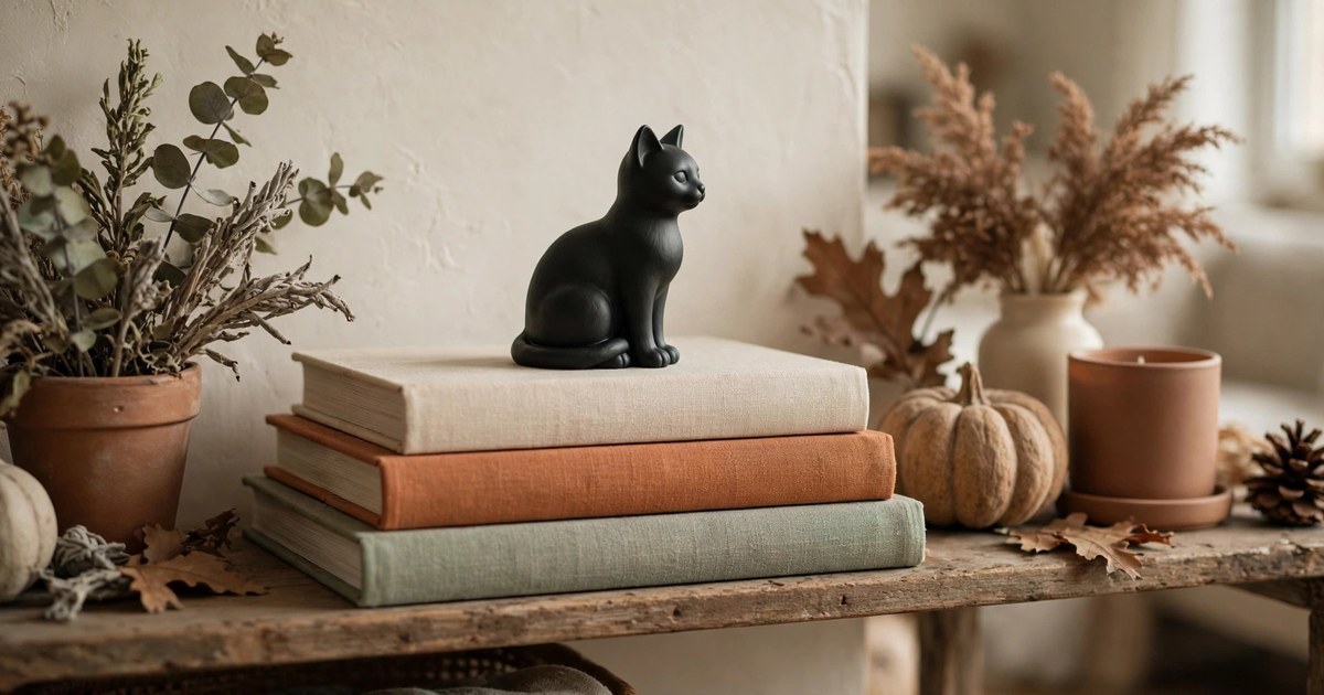 Small black cat halloween figurine on a stack of books