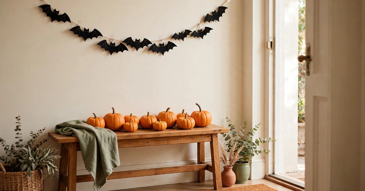 Cozy small rental entryway decorated for Halloween with mini pumpkins and paper bats
