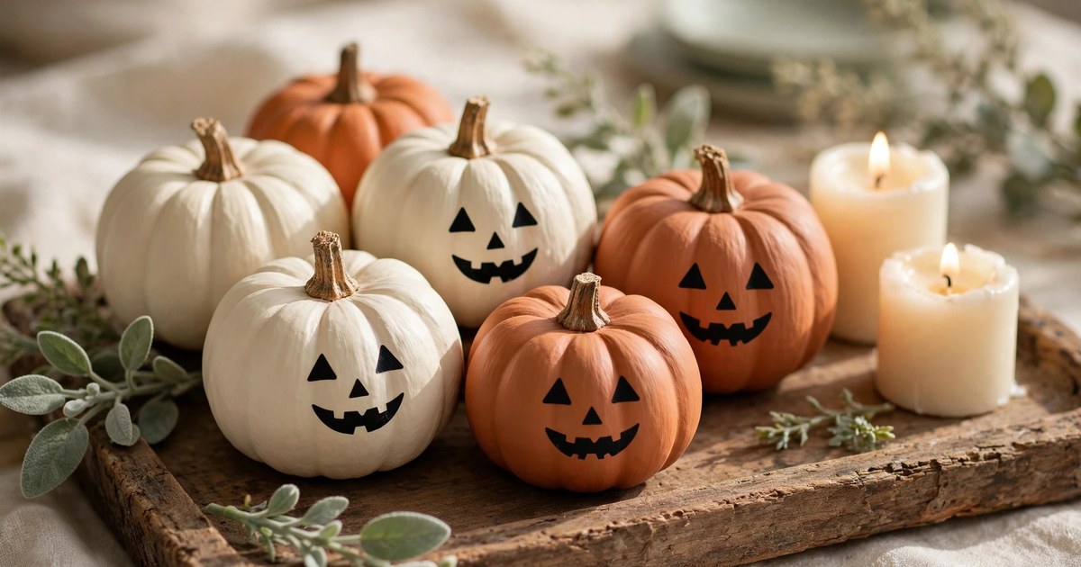 Mini pumpkins painted cream and terracotta with simple face stickers on a wooden tray