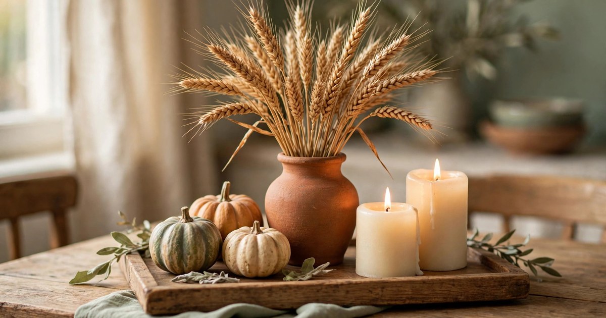 Small dining table fall centerpiece with wheat stalks, gourds, and candles