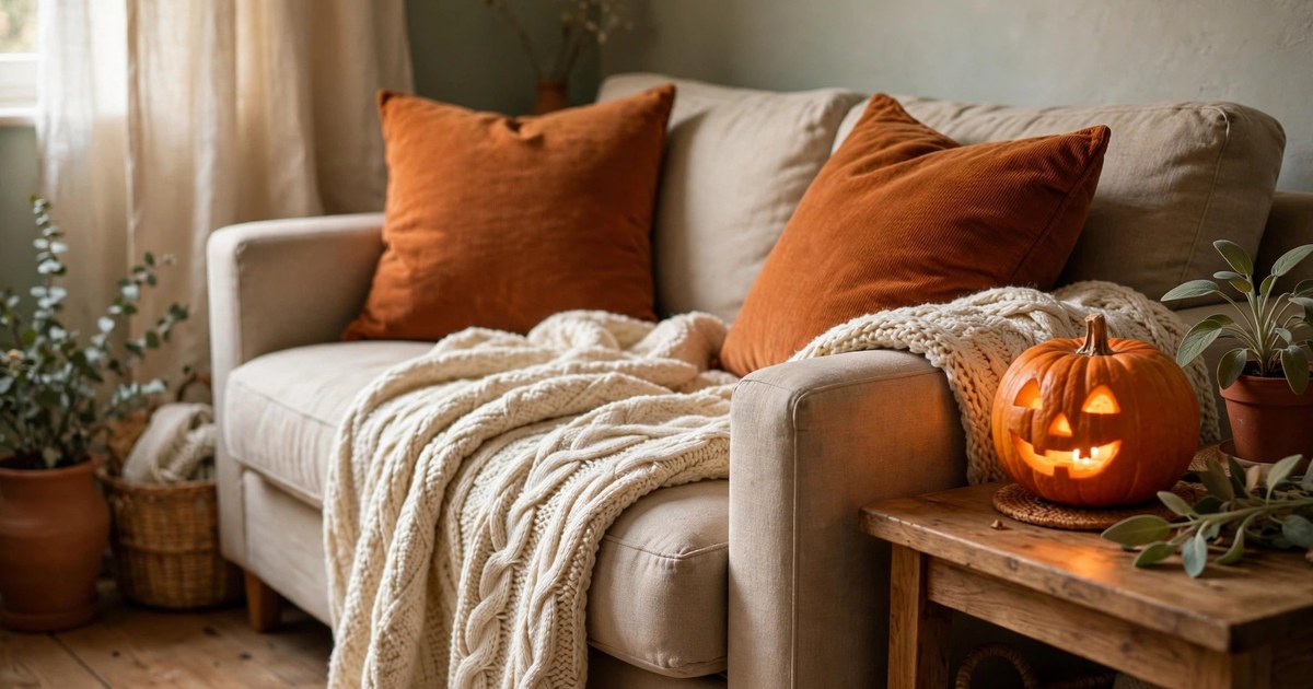 Cozy sofa corner with burnt-orange throw pillows and cream knit blanket