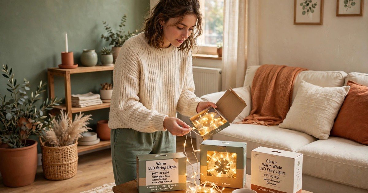 A person reading a lease and choosing warm LED Christmas lights for a rental