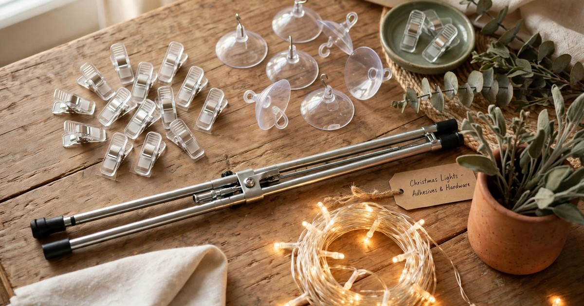 Adhesive light clips suction cups and a tension rod laid out for hanging lights