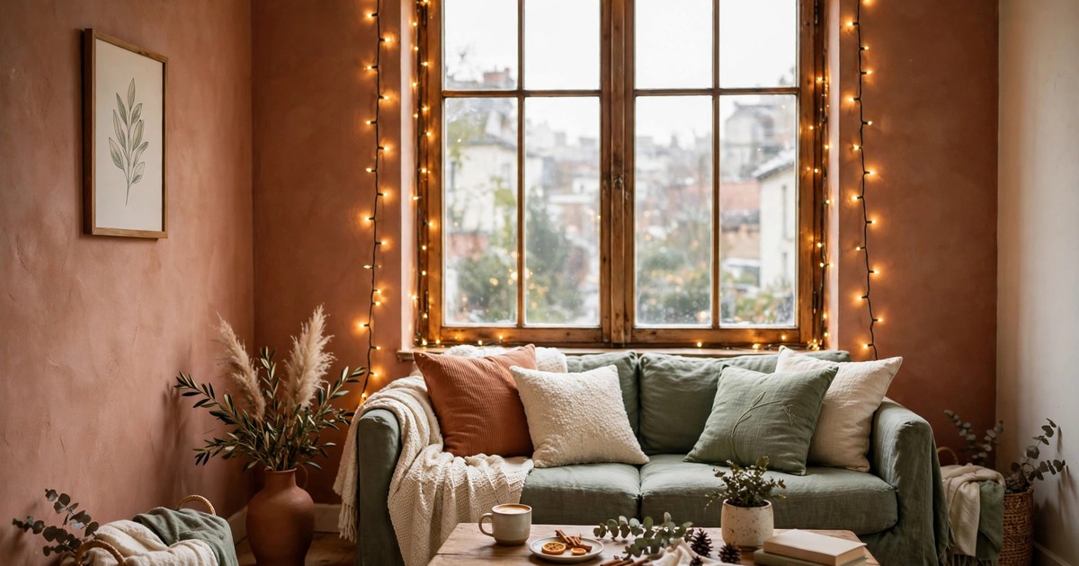 Warm Christmas lights hanging around an apartment window frame