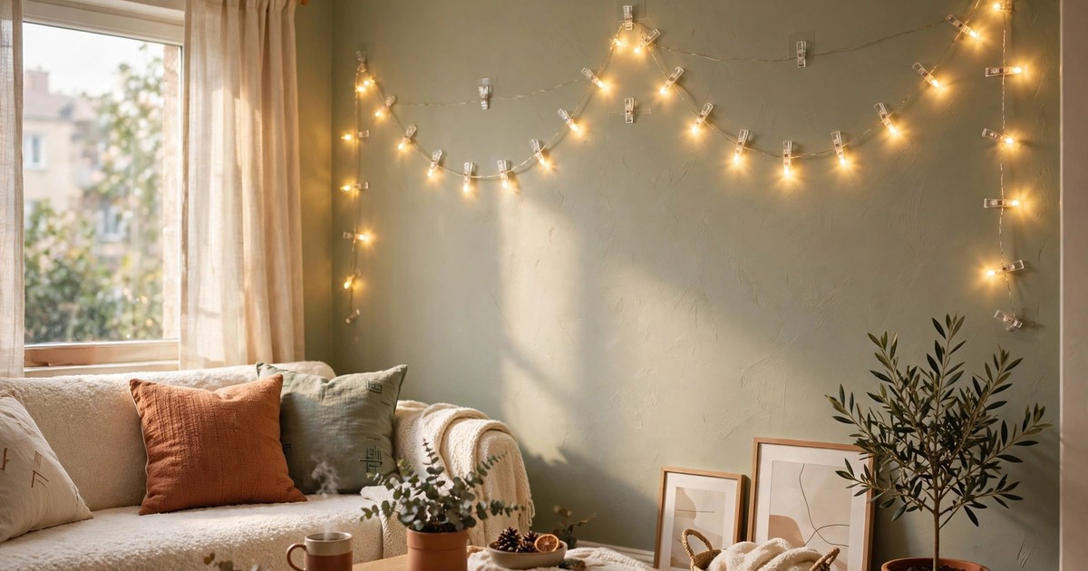 Christmas lights draped along a rental apartment wall using adhesive clips