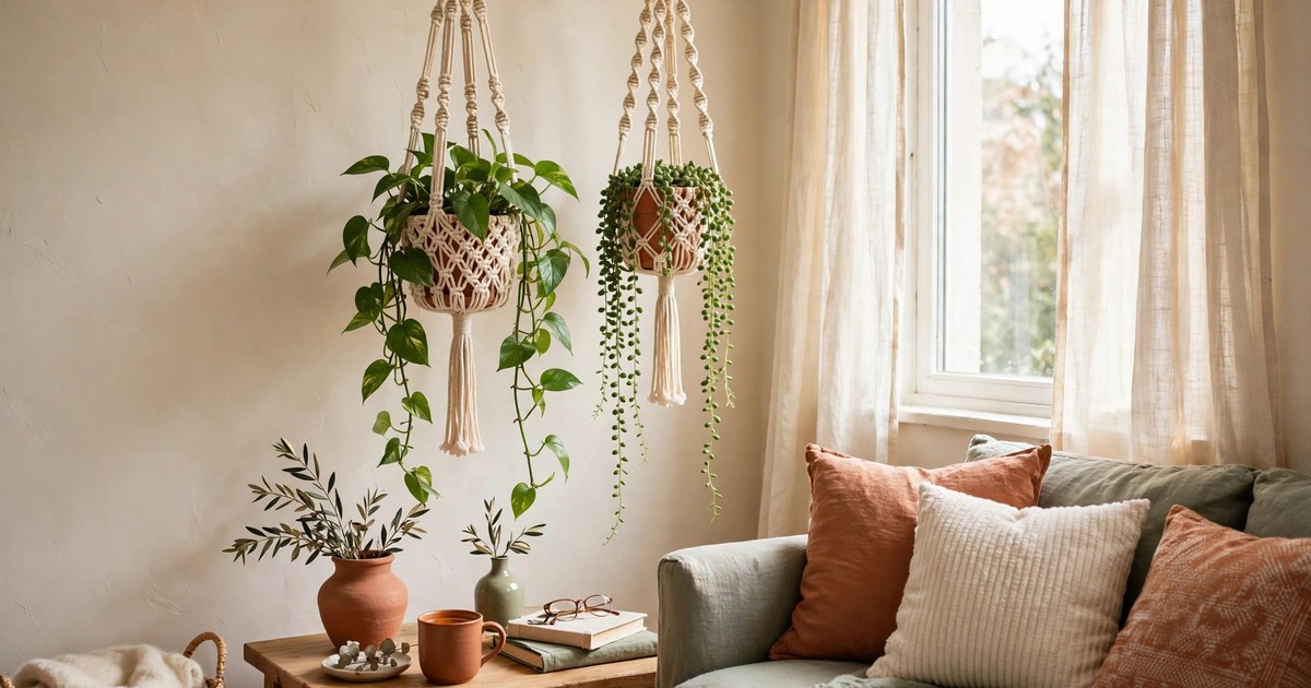 Two trailing plants in cotton macrame hanging planters by a bright apartment window