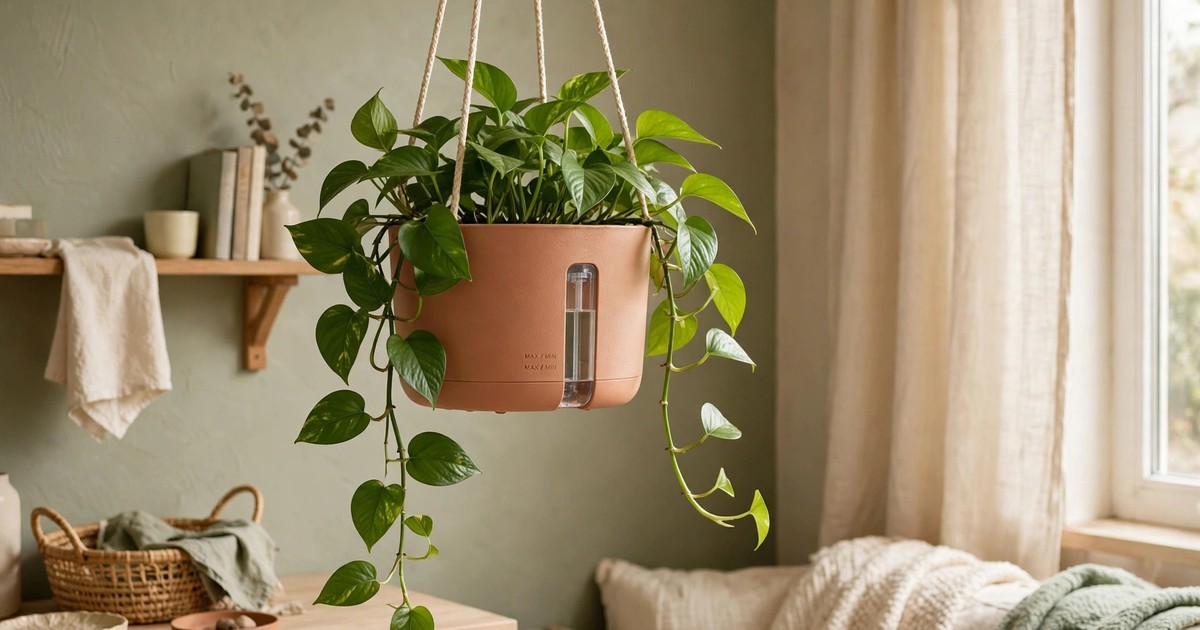 A self-watering hanging planter with a lush green plant in a small apartment