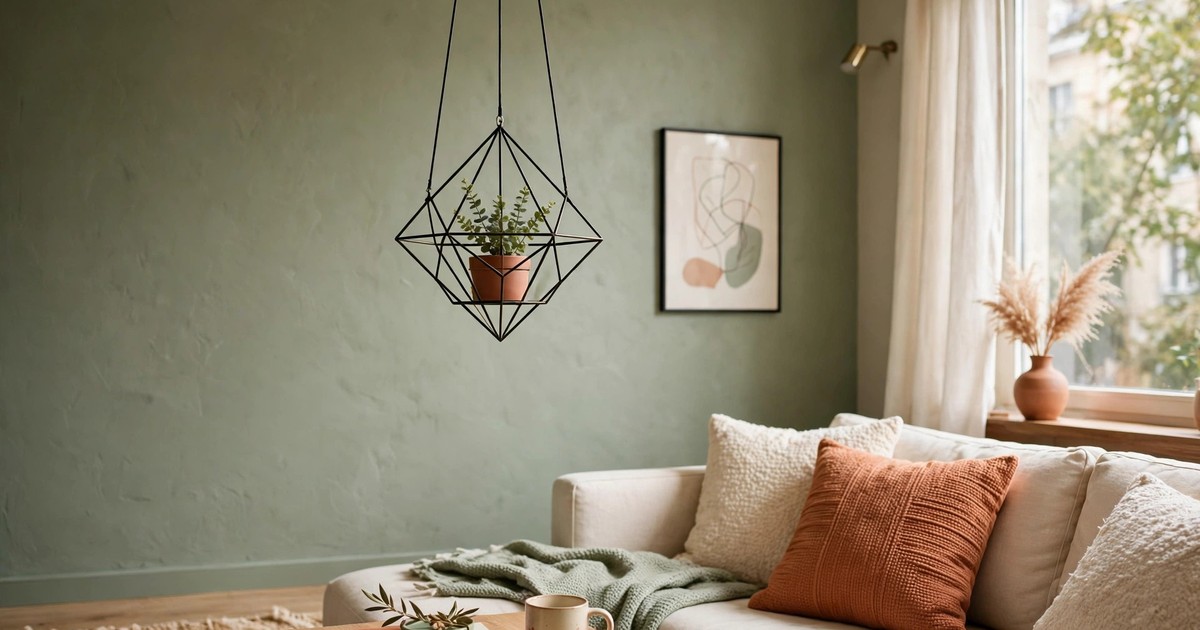 A geometric metal hanging planter with a small plant in a modern apartment