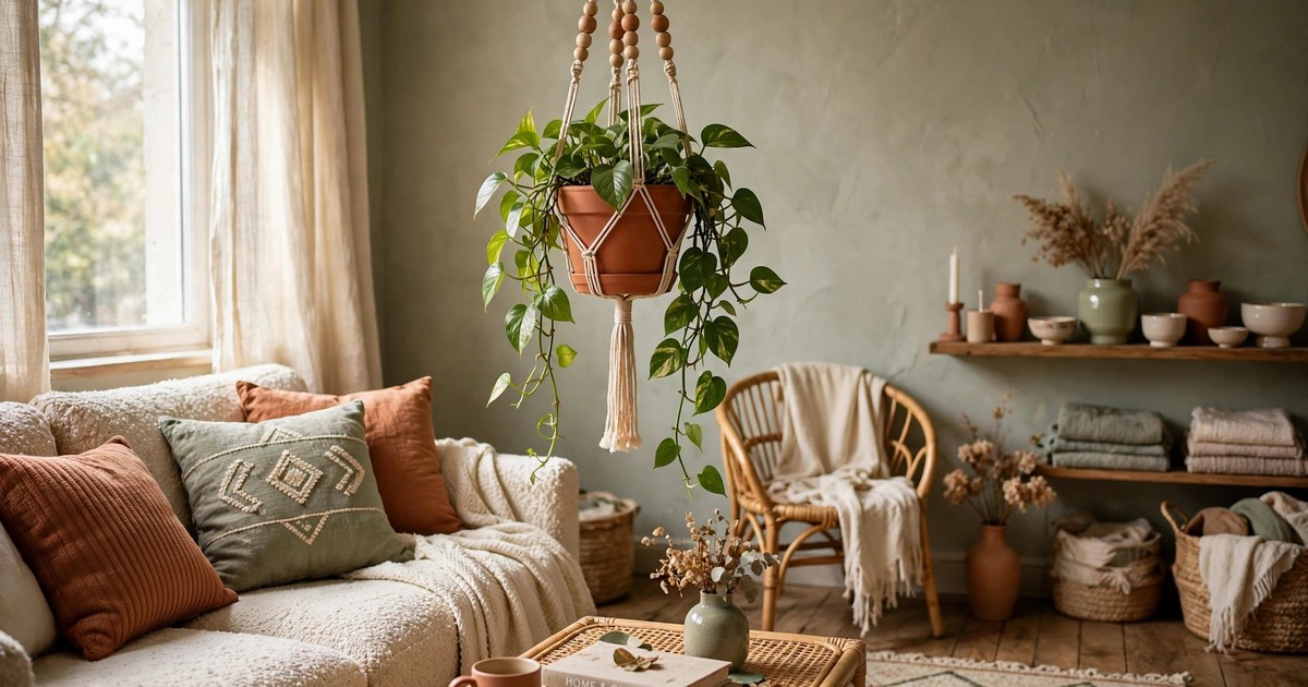 A wooden bead hanging planter with a trailing plant in a cozy boho apartment