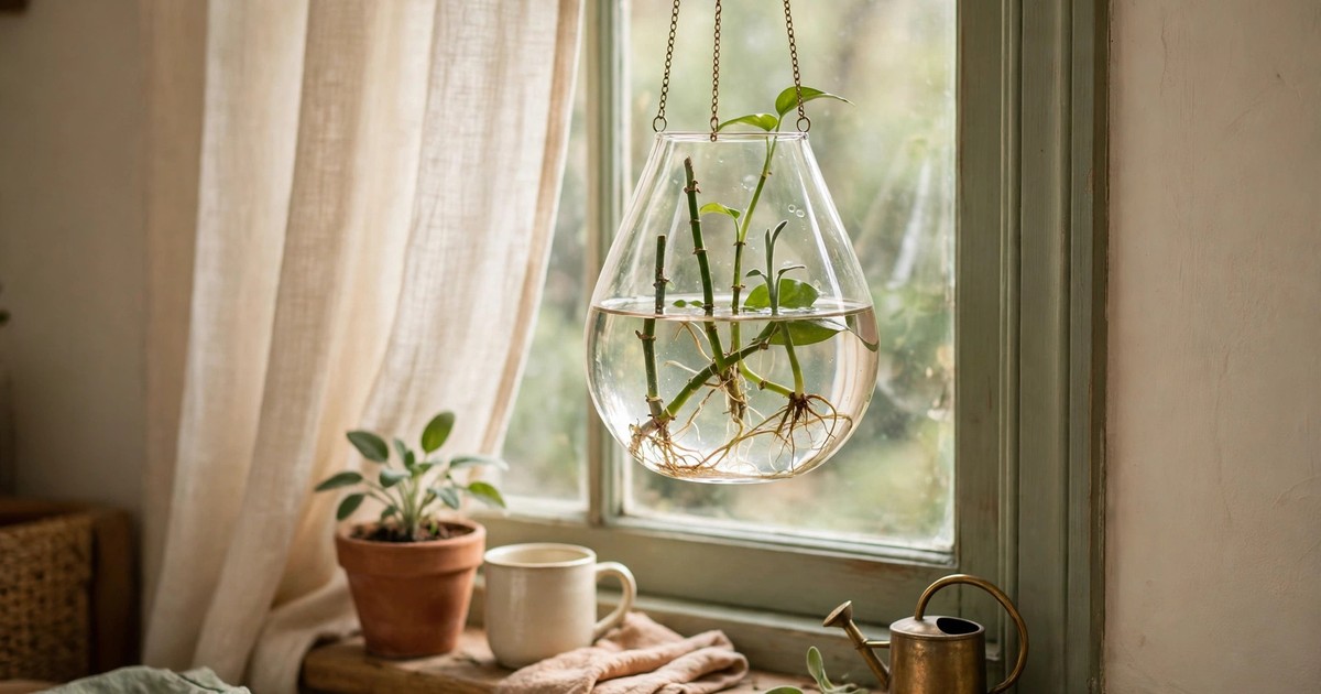 A glass hanging planter with plant cuttings rooting in water by a window