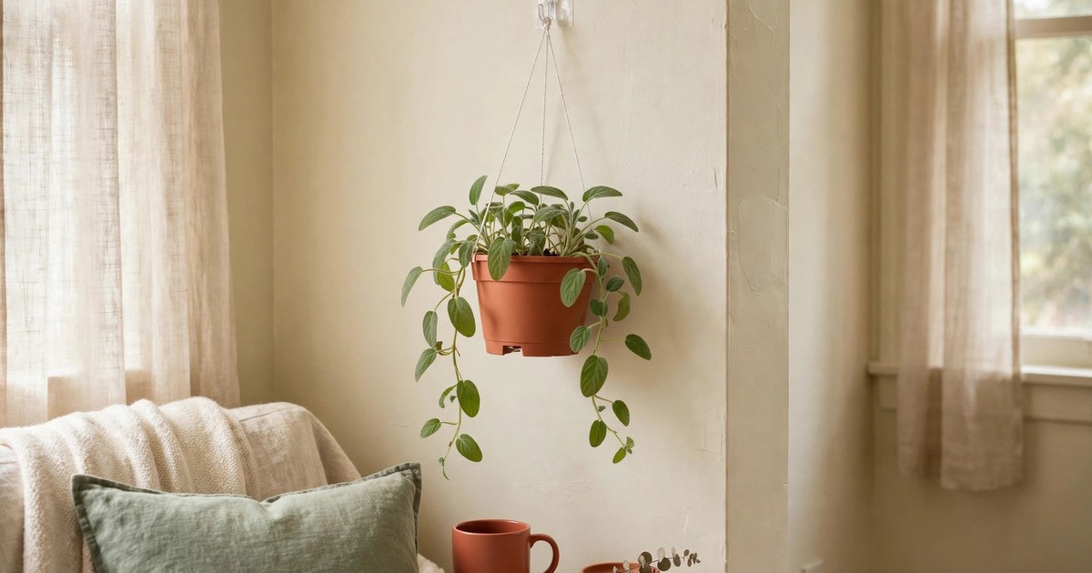 A lightweight plastic hanging planter on an adhesive hook in a rental apartment
