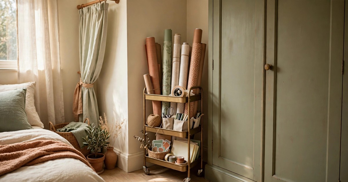 A small rolling cart stocked with wrapping paper and supplies tucked beside a wardrobe in a small apartment