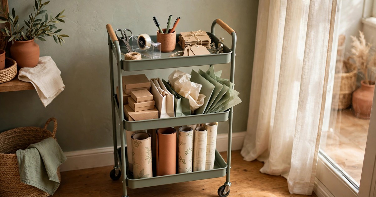 A three-tier rolling cart organized as a gift-wrapping station with paper, ribbons and tools