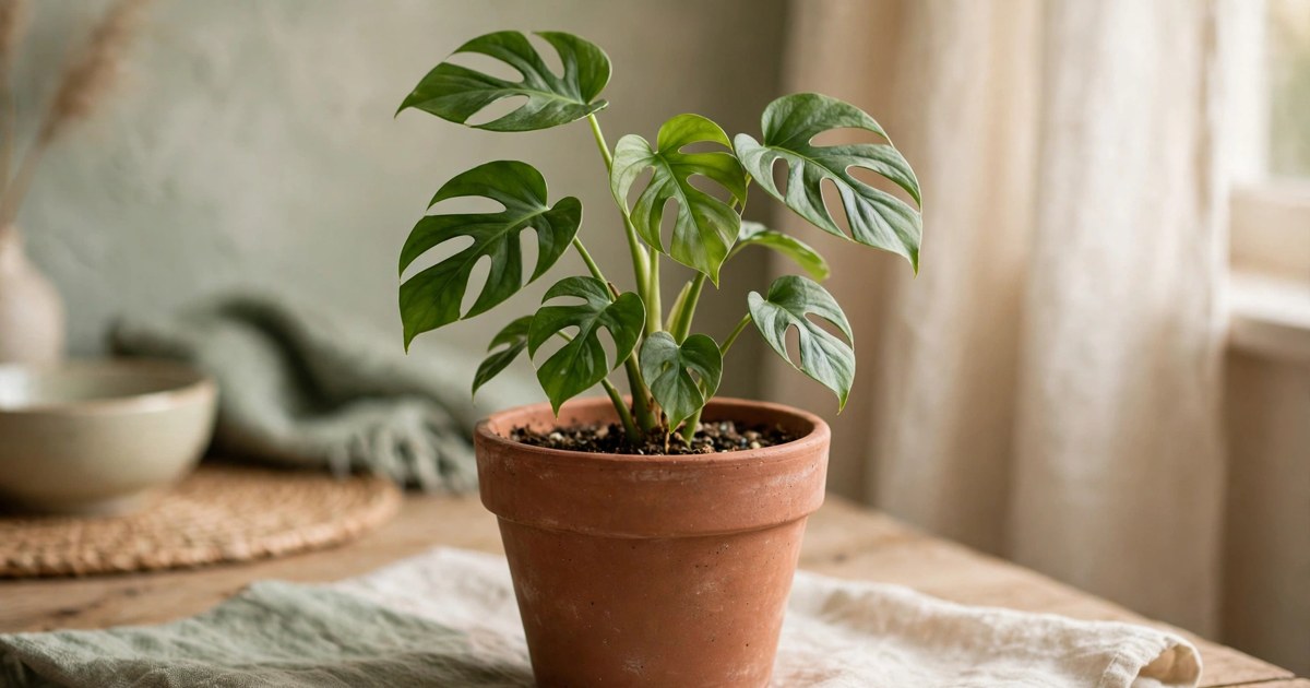 Small monstera deliciosa plant with split leaves in a terracotta pot
