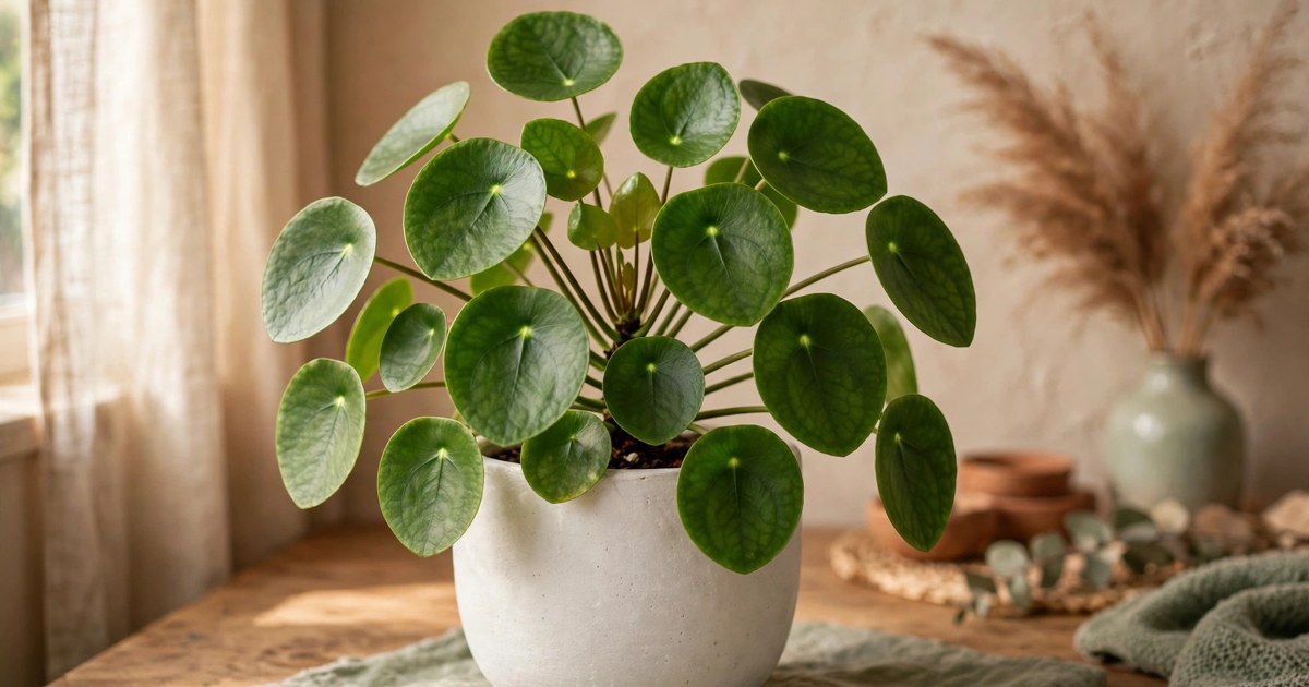 Pilea peperomioides with round coin leaves in a white ceramic pot
