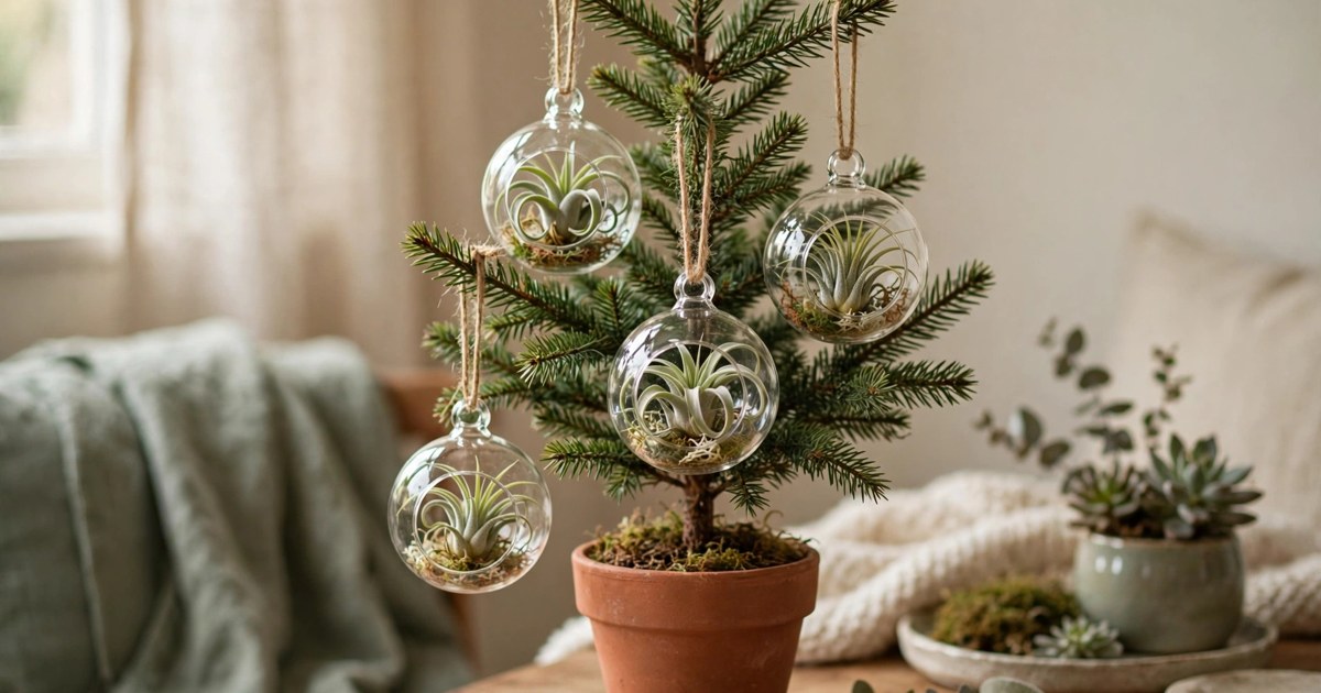 Glass Christmas ornaments containing small air plants hanging on a miniature tree