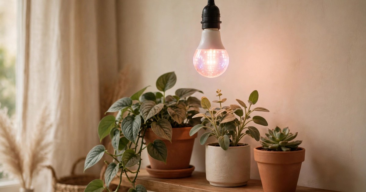 Full-spectrum LED grow light bulb glowing over indoor plants on a shelf