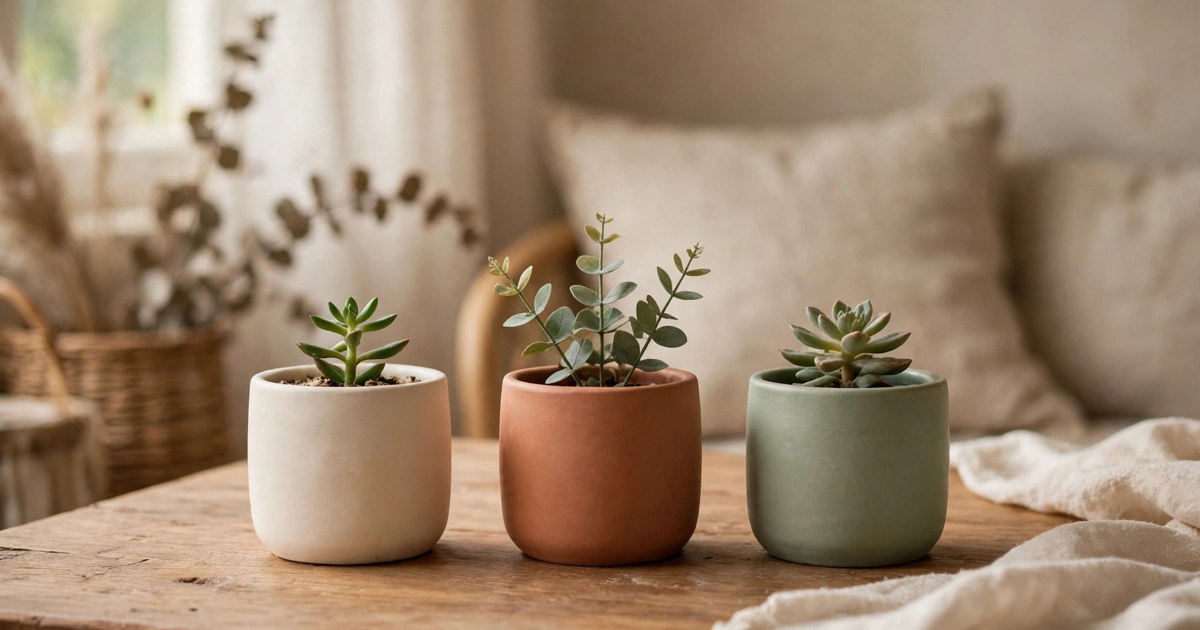 Set of three small ceramic planters in cream, terracotta and sage on a wooden table