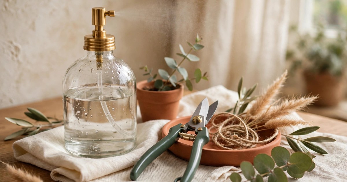 Glass plant mister and small pruning shears arranged as a gift set