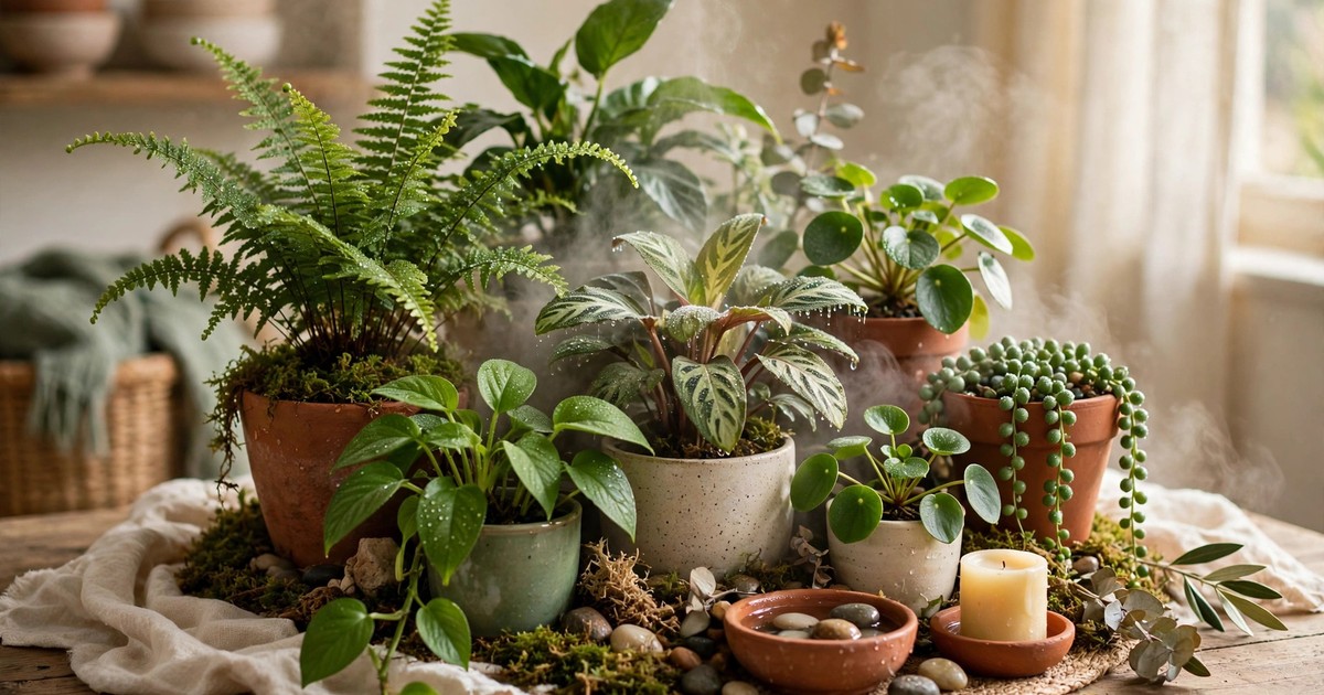 A group of houseplants clustered together on a table creating shared humidity
