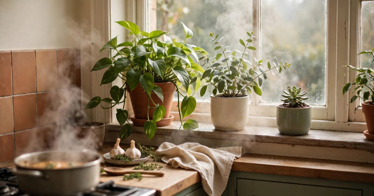 Houseplants on a kitchen windowsill benefiting from cooking steam