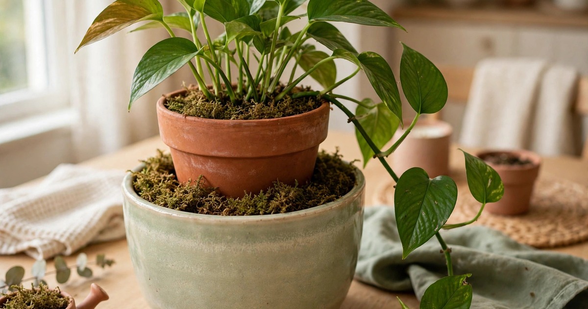 A plant double-potted with damp sphagnum moss between the pots