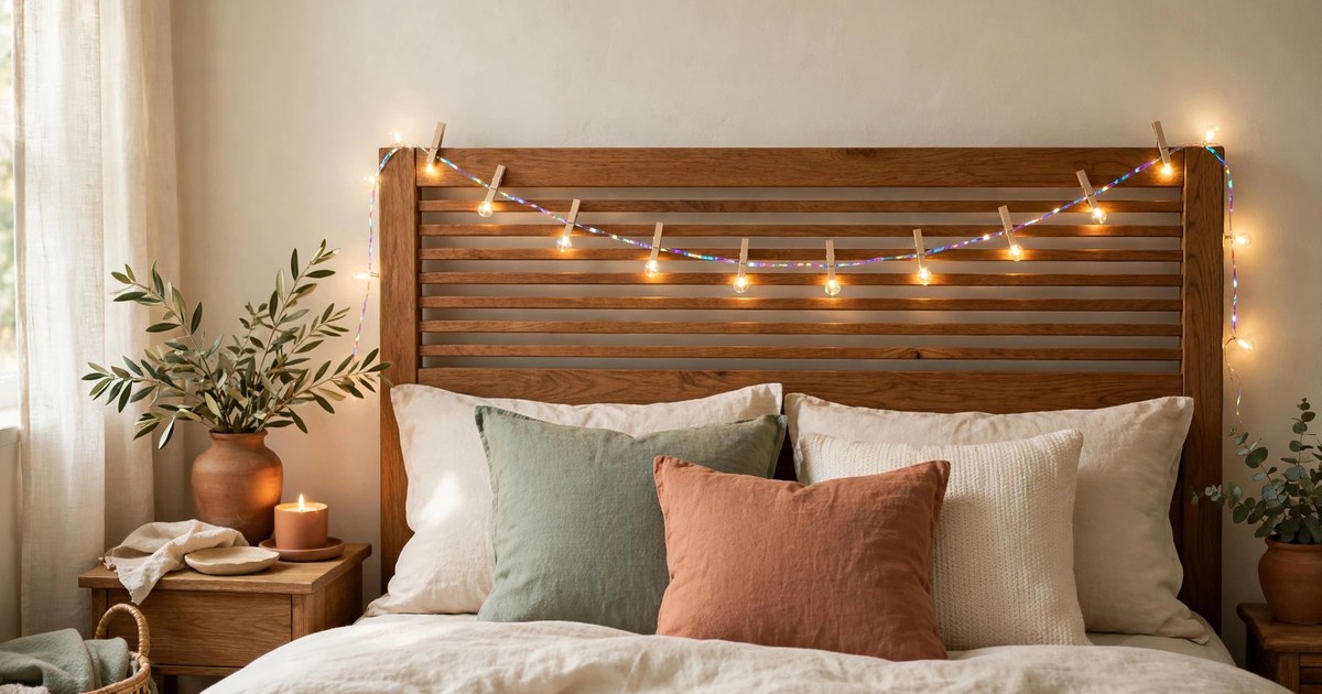 Iridescent fairy lights clipped along a bedroom headboard glowing softly