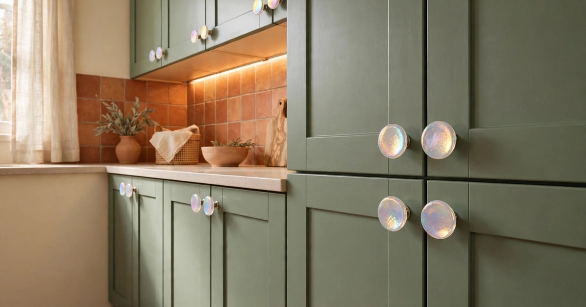 Iridescent knob covers on kitchen cabinet doors in a rental kitchen