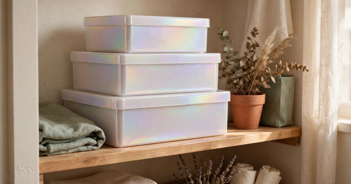 Pearl-finish storage boxes stacked on a closet shelf in a small apartment