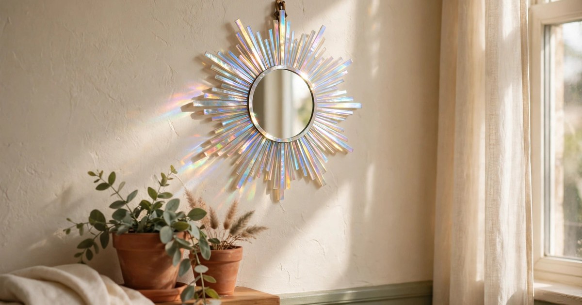 Small iridescent sunburst mirror hanging on a rental apartment wall