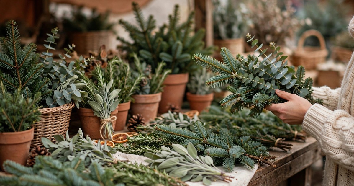 Fresh Christmas greenery branches being inspected at a market stall in December